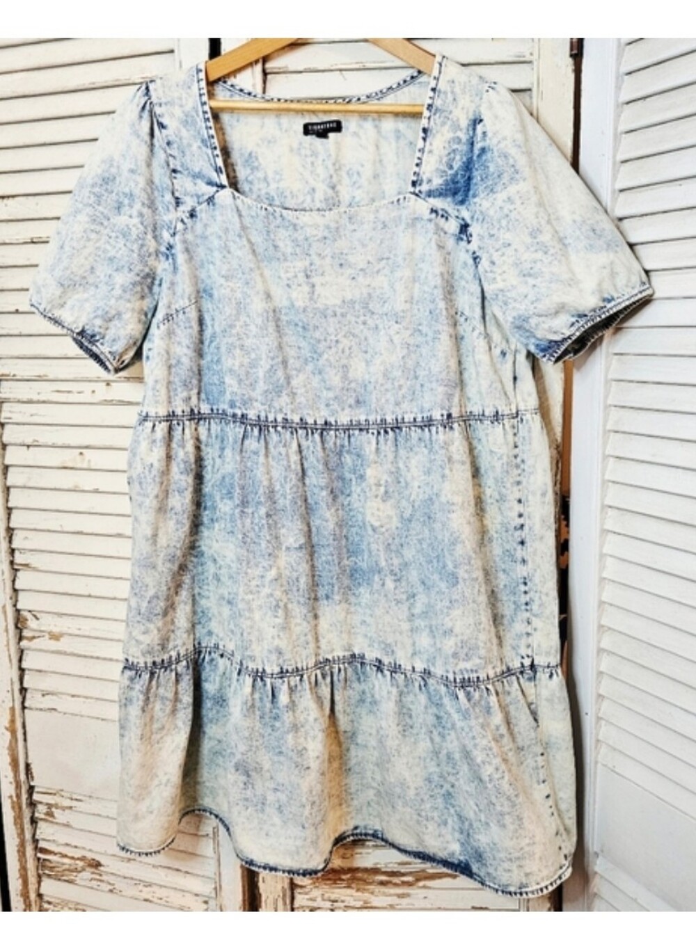 Reitmans Acid Wash Denim Tiered Babydoll Dress 100% Cotton Medium